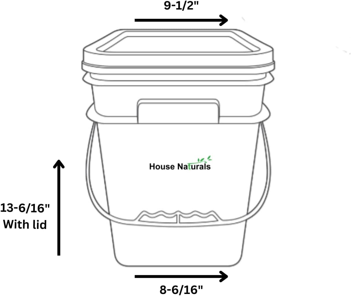 House Naturals 4 Gallon Square Food Grade Bucket Pail with Plastic Handles and Lid (Pack of 3) Made in USA containers (Gray Buckets-Green lids)