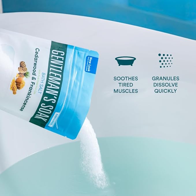 Gentleman's Bath Salt 32 Ounces Epsom Salt with Natural Cedarwood, Frankincense, Eucalyptus and Peppermint Essential Oils Plus Vitamin C in BPA Free Pouch with Easy Press-Lock Seal