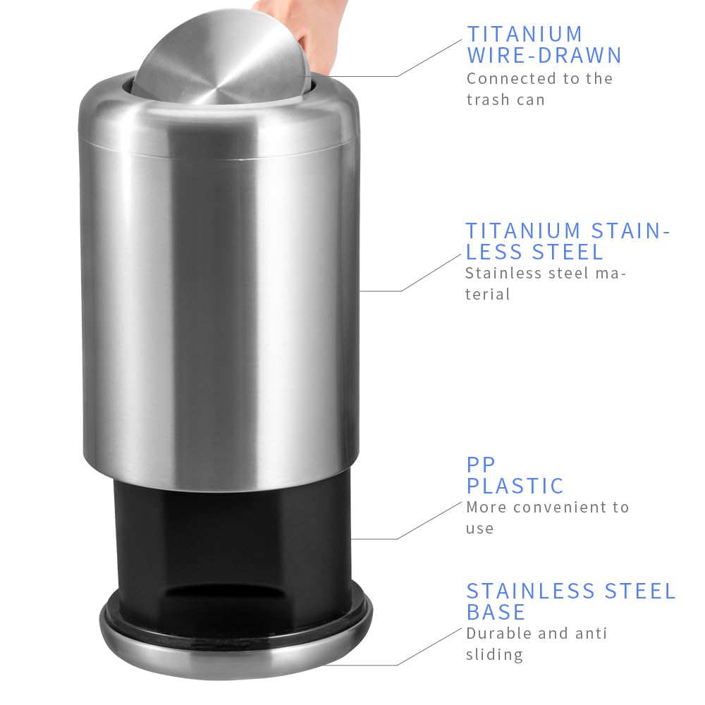 Waste Can 3 Gallon with Swing Lid,Brushed Stainless Steel Trash Can,Metal Cylindrical Garbage Can,Brass Wastebasket Bin for Bathroom,LivingRoom,Office,Kitchen,Bedroom,Hotel (Sliver)