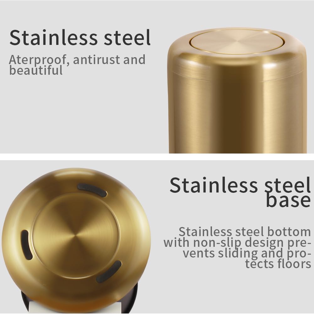 Waste Can 3 Gallon with Swing Lid,Brushed Stainless Steel Gold Trash Can,Metal Cylindrical Garbage Can,Brass Wastebasket Bin for Bathroom,LivingRoom,Office,Kitchen,Bedroom,Hotel (Gold)