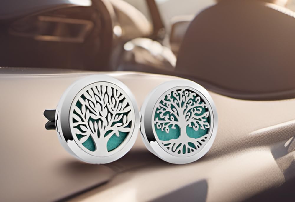 2Psc Car Essential Oil Diffuser Locket Tree of Life Pattern Stainless Steel Car Air Fresheners Vent Clips Decorative