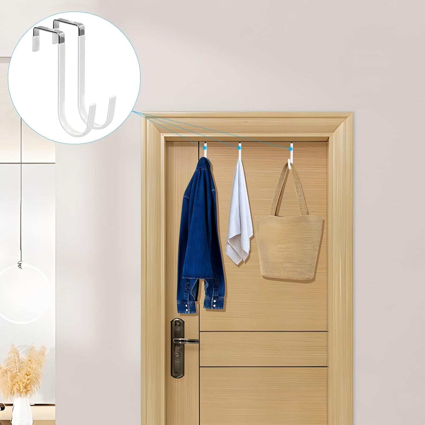 FYY Over the Door Hooks, 6 Pack Door Hangers Hooks with Rubber Prevent Scratches Heavy Duty Organizer Hooks for Living Room, Bathroom, Bedroom, Kitchen Hanging Clothes, Towels, Hats, Coats, Bags White