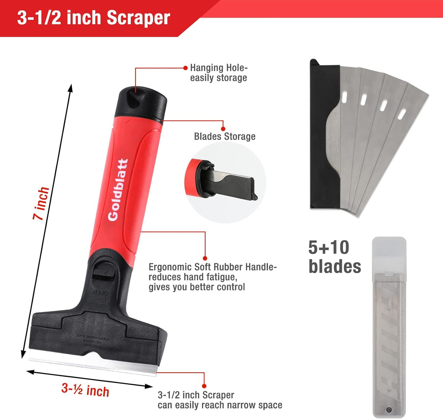 Goldblatt 2 Pieces Glass Scraper Set with 20-piece Blades - 4 Inch Industrial Floor Scraper Tool with Long-Handle, Heavy Duty Razor Holder for Cleaning Caulk, Paint, Glue on Glass, Tiles, Walls