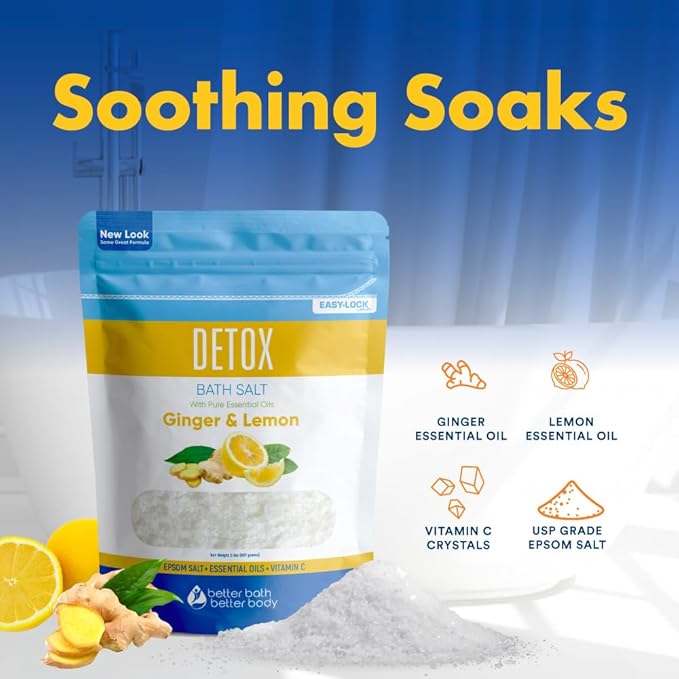 Detox Bath Salt 32 Ounces Epsom Salt with Natural Ginger and Lemon Essential Oils Plus Vitamin C in BPA Free Pouch with Easy Press-Lock Seal
