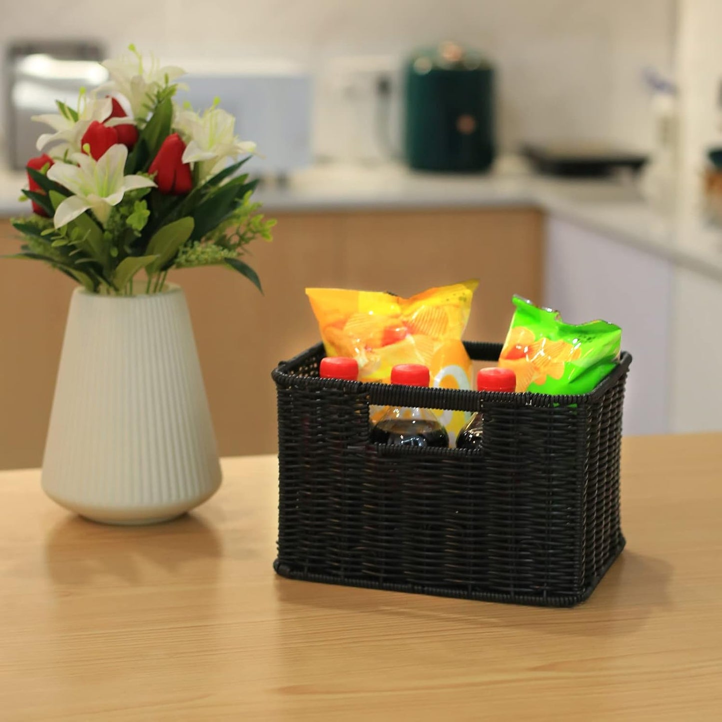 HOONEX Large Wicker Baskets for Storage, Woven Plastic With Dual Handles, Set of 3, Black