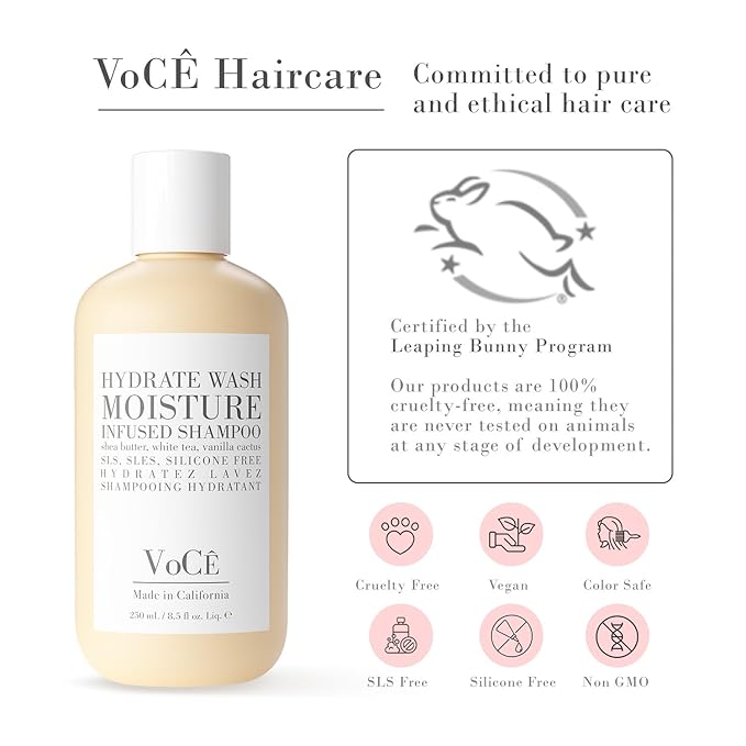 VoCÊ Natural Hydrating Shampoo for Dry, Frizzy Hair | Moisture-Infused Vegan Shampoo for Normal to Thick Hair | Non-Toxic, Cruelty-Free with Shea Butter, White Tea, Vanilla Cactus (8.5 oz | 250 ml)