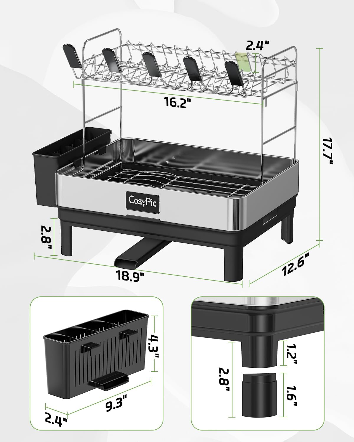 2 Tier Dish Drying Rack, Thicker Premium 304 Stainless Steel Dish Racks for Kitchen Counter, Automatic Drainage Spout, Dish Drainer & Drainboard Set with Utensil Holder and Cup Holder, Black
