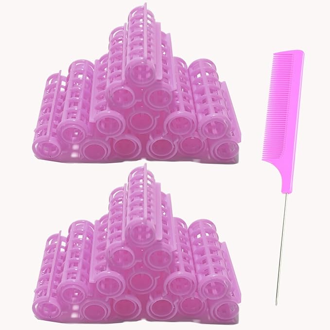 28PCS Self Grip Small Hair Rollers Set, 0.6in Plastic No Heat Roller Hair Curlers with Comb Heatless Clips for Short Fine Thin Hair(Purple)