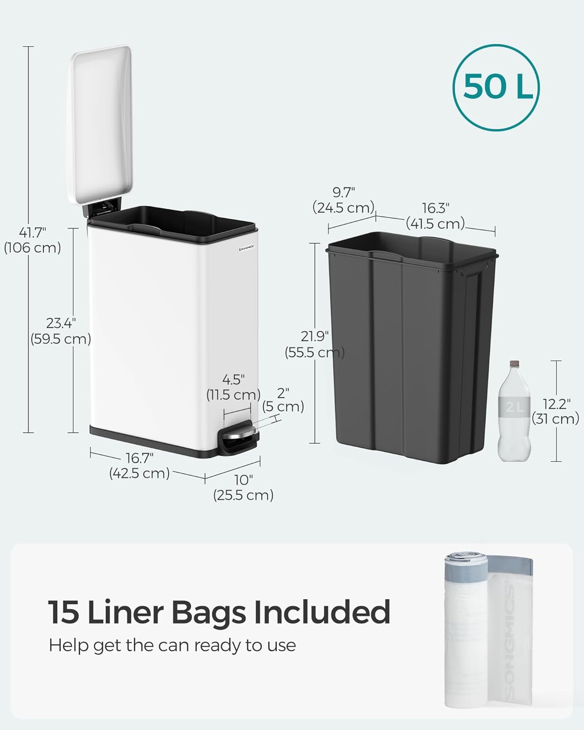 SONGMICS Slim Trash Can, 13-Gallon (50 L) Garbage Can for Narrow Spaces with Soft-Close Lid, Inner Bucket, and Step-on Pedal, Stainless Steel, 15 Trash Bags Included, White ULTB510W48