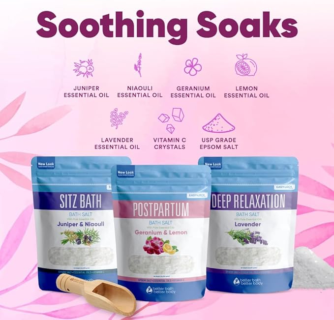 Postpartum Bath Bundle (3 Pack of 2 Lbs Total 6 Lbs with Scoop) Soothing Soaks with Sitz Salt and Deep Relaxation Bath Salt with Natural Pure Essential Oils in BPA Free Pouch Made in USA