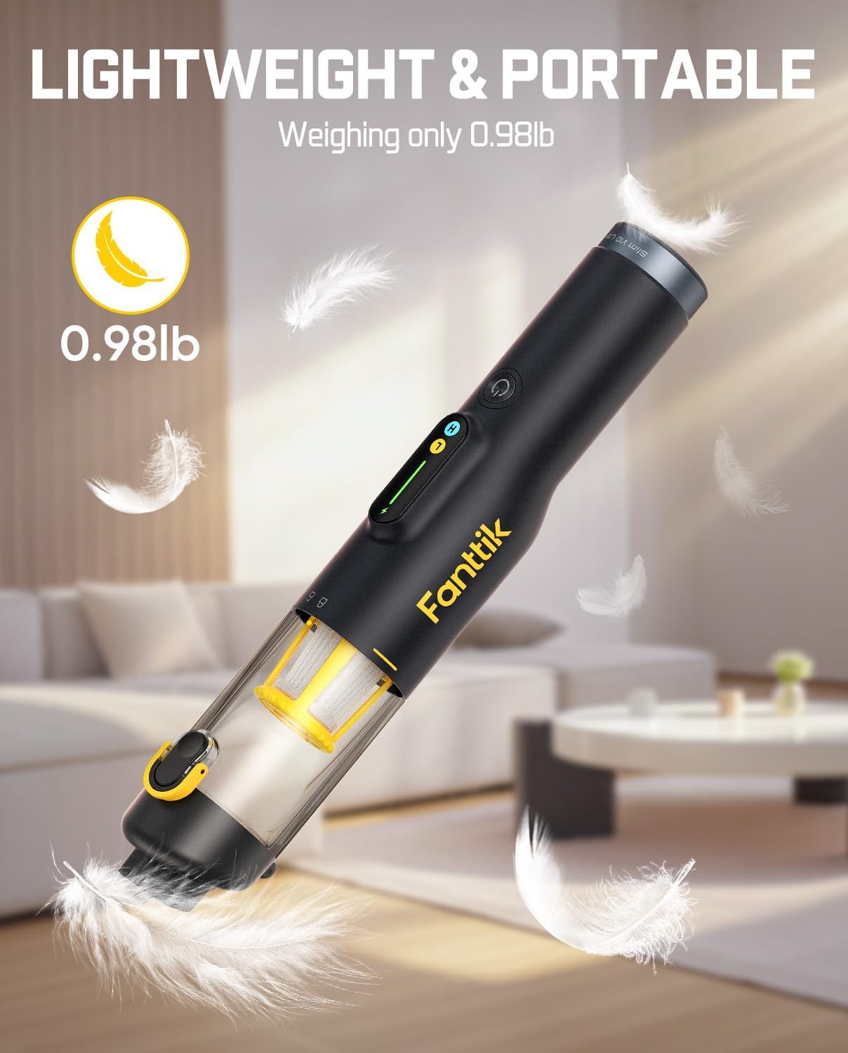 Fanttik Slim V10 Lite Cordless Handheld Vacuum, 0.98lb Lightweight with All-in-One Base Design, 12000Pa Suction & Smart LED Display, Portable Mini Vacuum Cleaner for Kitchen Table, Home, Car