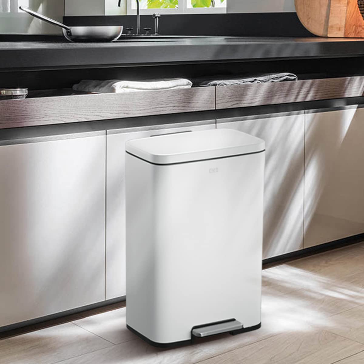 EKO Madison Matte White 50 Liter/13.2 Gallon Step Trash Can with Inner Liner - Fingerprint Resistant Finish