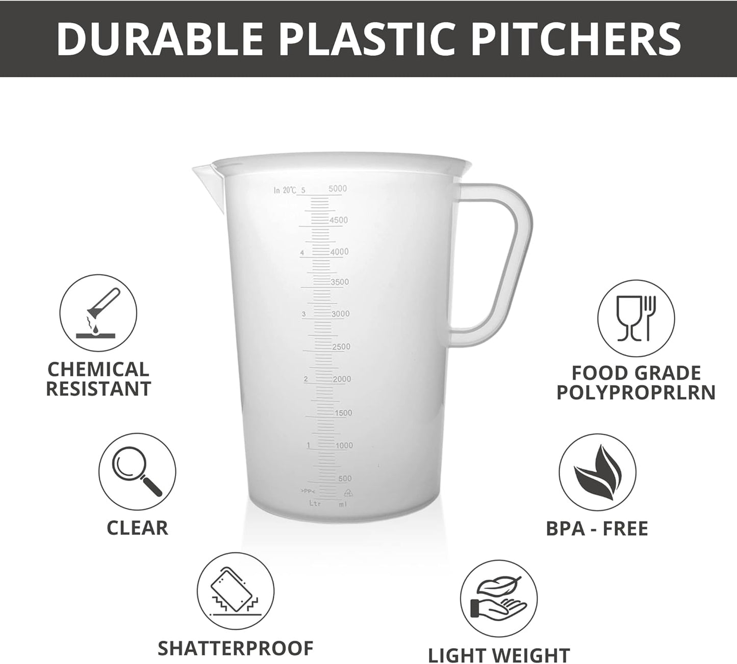 Plastic Graduated Measuring and Mixing Pitcher - 5000ml Plastic Graduated Measuring Pitcher - Soap Making Supplies for Easy Pouring & Accurate Measurements, With Handle & Pour Spout, 5 Liter