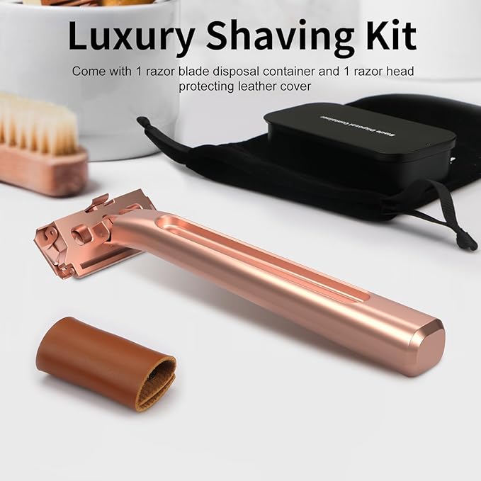 Razors for Women - Dual-Blade Safety Razor with Pivoting Head - Reusable Metal Shaving Razor, with 10 Double Edge Blades, Smooth Close Shave, Rose Glod