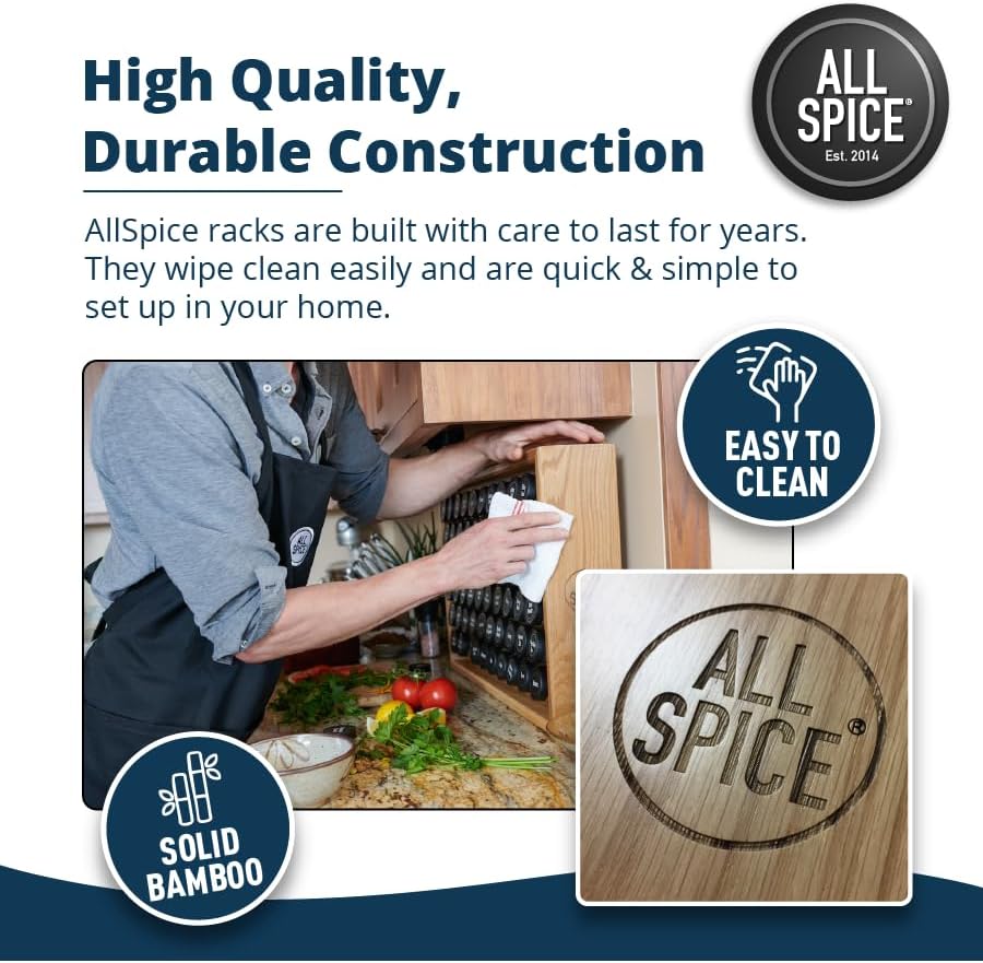 AllSpice Spice Rack Organizer, Wood, 525 Unique Labels, Countertop or Wall Mount, Includes 60 4oz Jars- Matte White