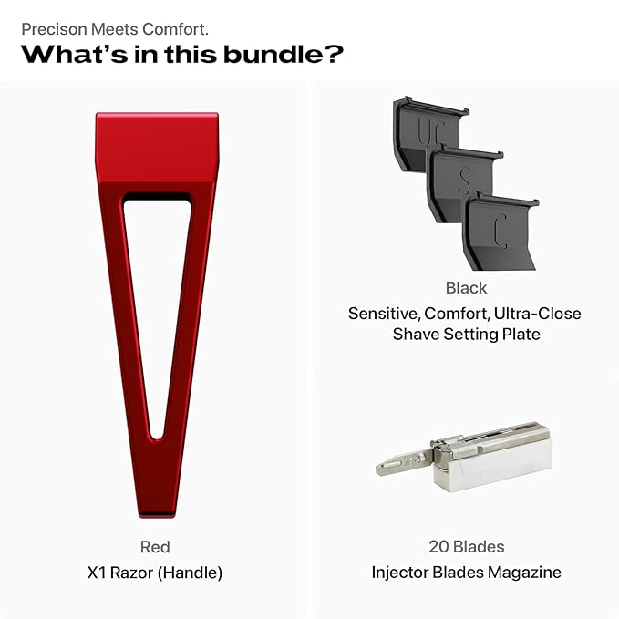 HYPE X1 Safety Razor Custom Pro Set - Magnetic Comfort (C), Sensitive (S) & Ultra-Close (UC) Shave Settings, 20 Non-Proprietary Blades - Single Blade Gentle Shaving Razors For Men and Women - Red