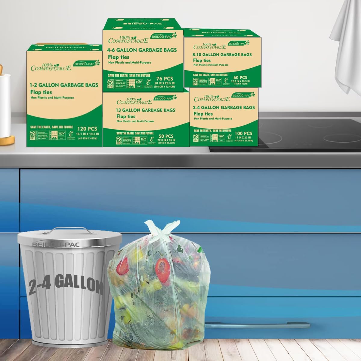 3 Gallon Flap Tie Compostable Trash Bags, 100 Count Small Compost Bags, Biodegradable Kitchen Garbage Bags, Food Scrap Waste Bags for Countertop Bin, ASTM D6400, US BPI Certified