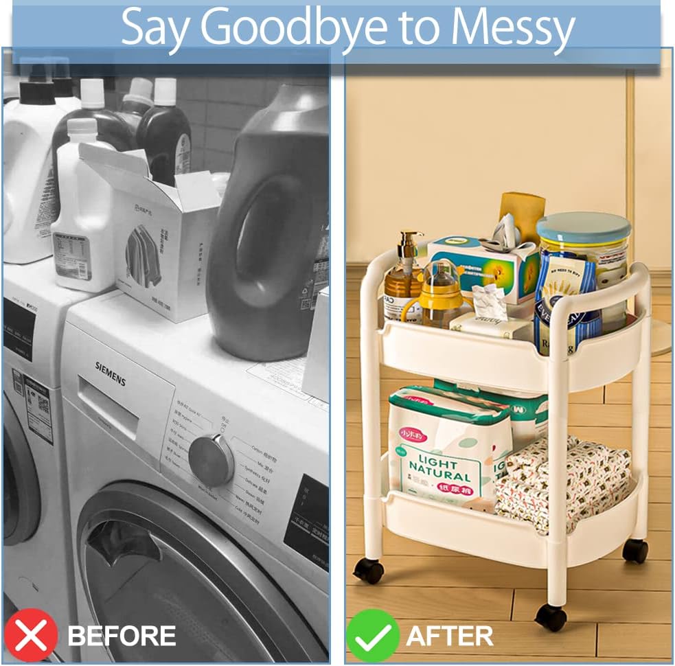 2-Tier Plastic Rolling Utility Cart with Handle Tower Rack Snack Cart with Wheels Multi-Functional Storage Trolley for Kitchen Bathroom Laundry Home Office Living Room Organization, White