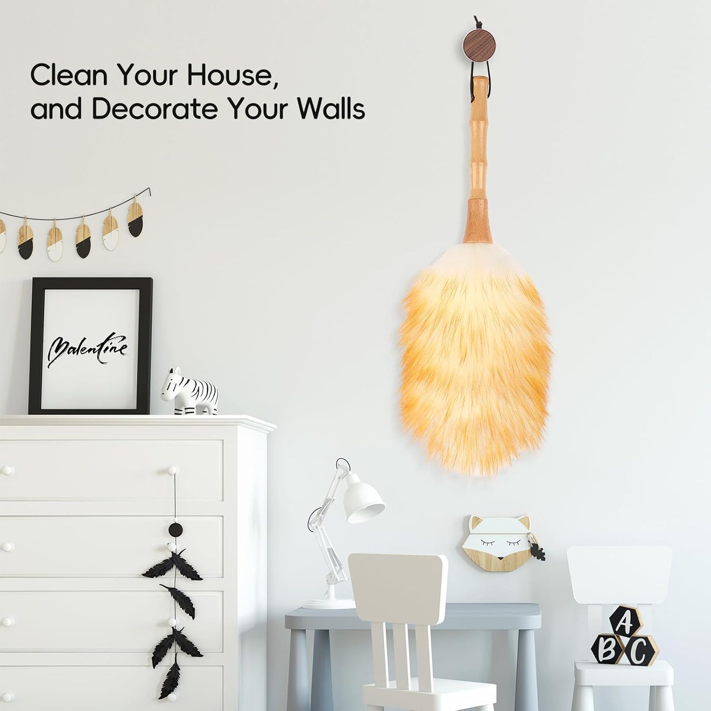 Feather Duster, Lambswool Duster for Cleaning,with Solid Wooden Handle,Leather Hang Strap,Anti-Static 14.9 inch Washable Reusable Small Hand Duster(Natural) for Office, Home and Car