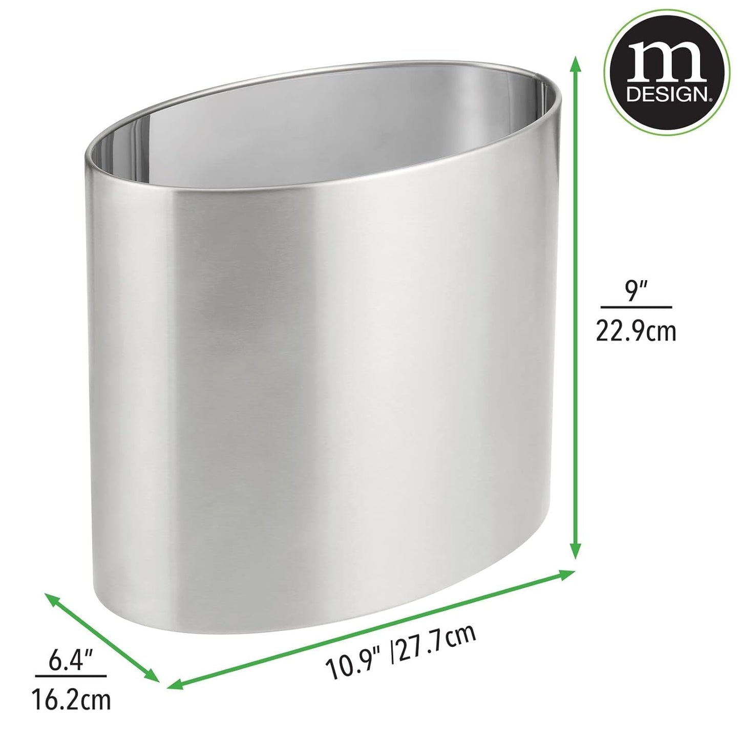 mDesign Stainless Steel Metal Oval Trash Can, 7.9 Liter/2.09 Gallon Wastebasket, Garbage Basket Bin for Bathroom, Bedroom, Kitchen, Office, Holds Waste and Recycle, Mirri Collection, Brushed/Chrome