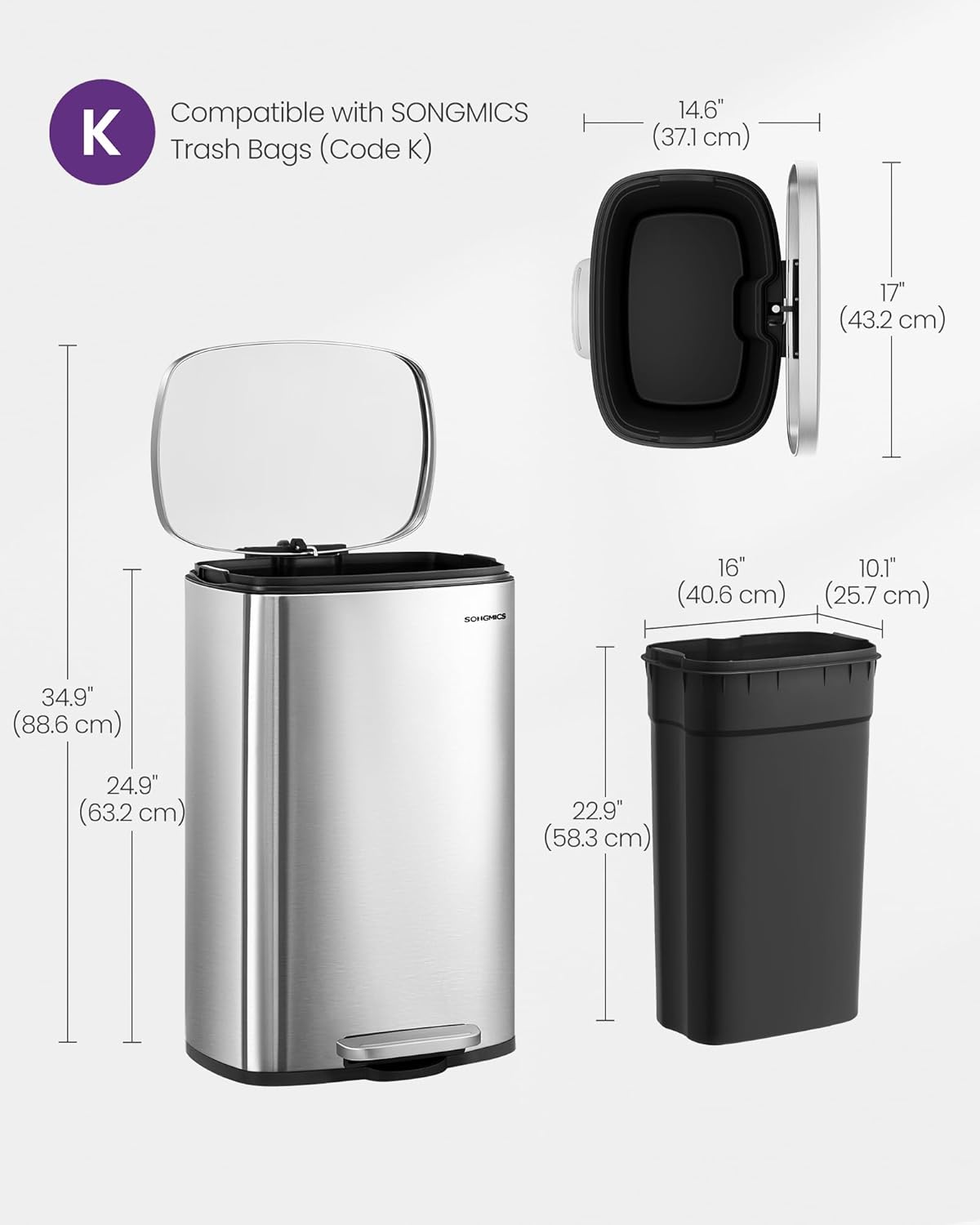 SONGMICS 13 Gallon (50 L) Trash Can, Stainless Steel Kitchen Garbage Can, Recycling or Waste Bin, Soft Close, Step-On Pedal, Removable Inner Bucket, Silver ULTB050E01
