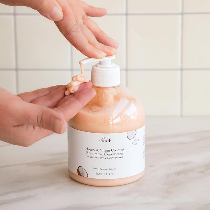 100% PURE Restorative Conditioner Honey & Virgin Coconut Moisturizer & Repair Replenishing Nutrient Boost for Dry Damaged Hair, Promotes Healthy Growth for Women & Men Sulfate Free - 16 Fl Oz