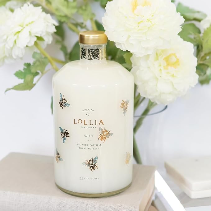 Lollia Wish Bubble Bath, 33.8 fl oz, Vanilla Bean, Rice Flower, Jasmine Leaves, & Sugar Cane, Luxury Hydrating Women's Bubbling Bath Soap, Delicate & Relaxing Scented Skin Care