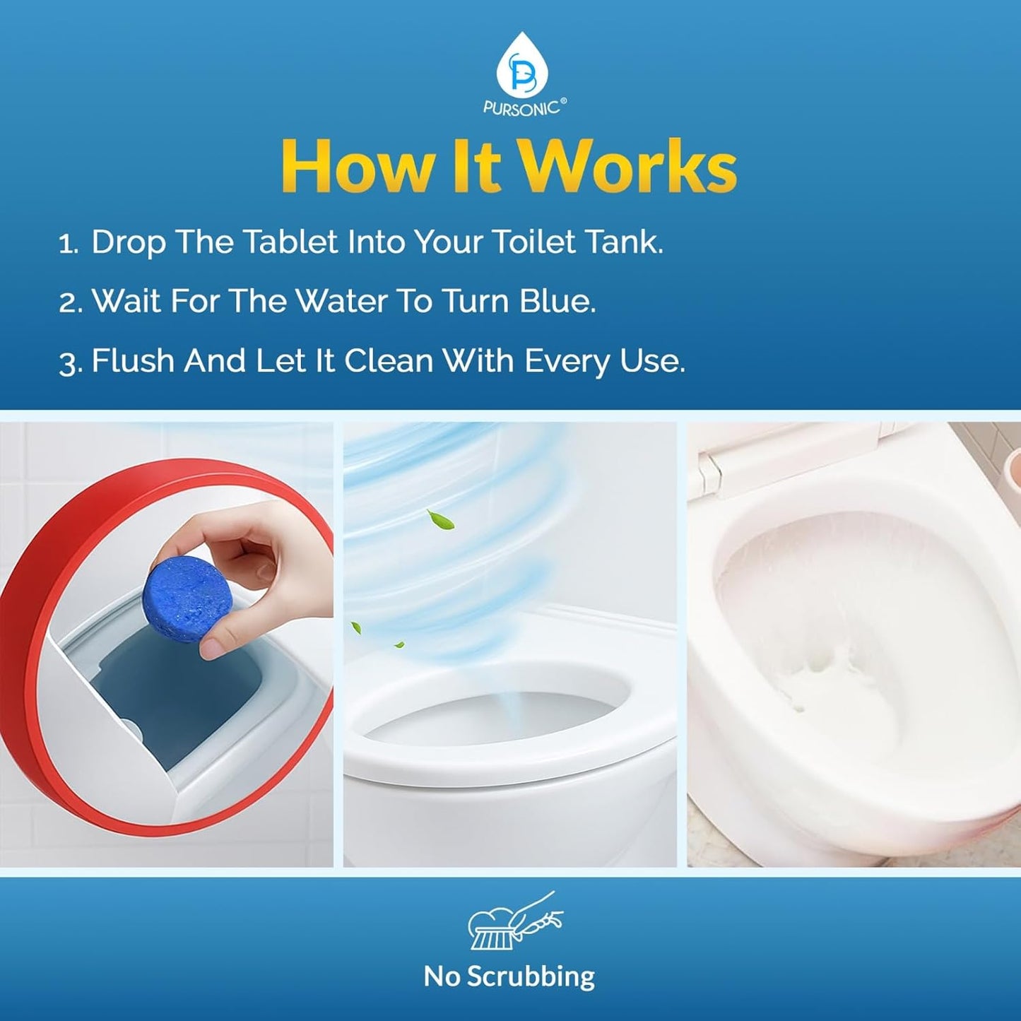 Automatic Toilet Bowl Cleaner Tablets Blue Gel Toilet Tank Cleaners, Septic-Safe Hard Water Ring Stain Remover, Smell Eliminator Heavy Duty Toilet Cleaning & Deodorizer, Fresh Scent - 48 Tabs