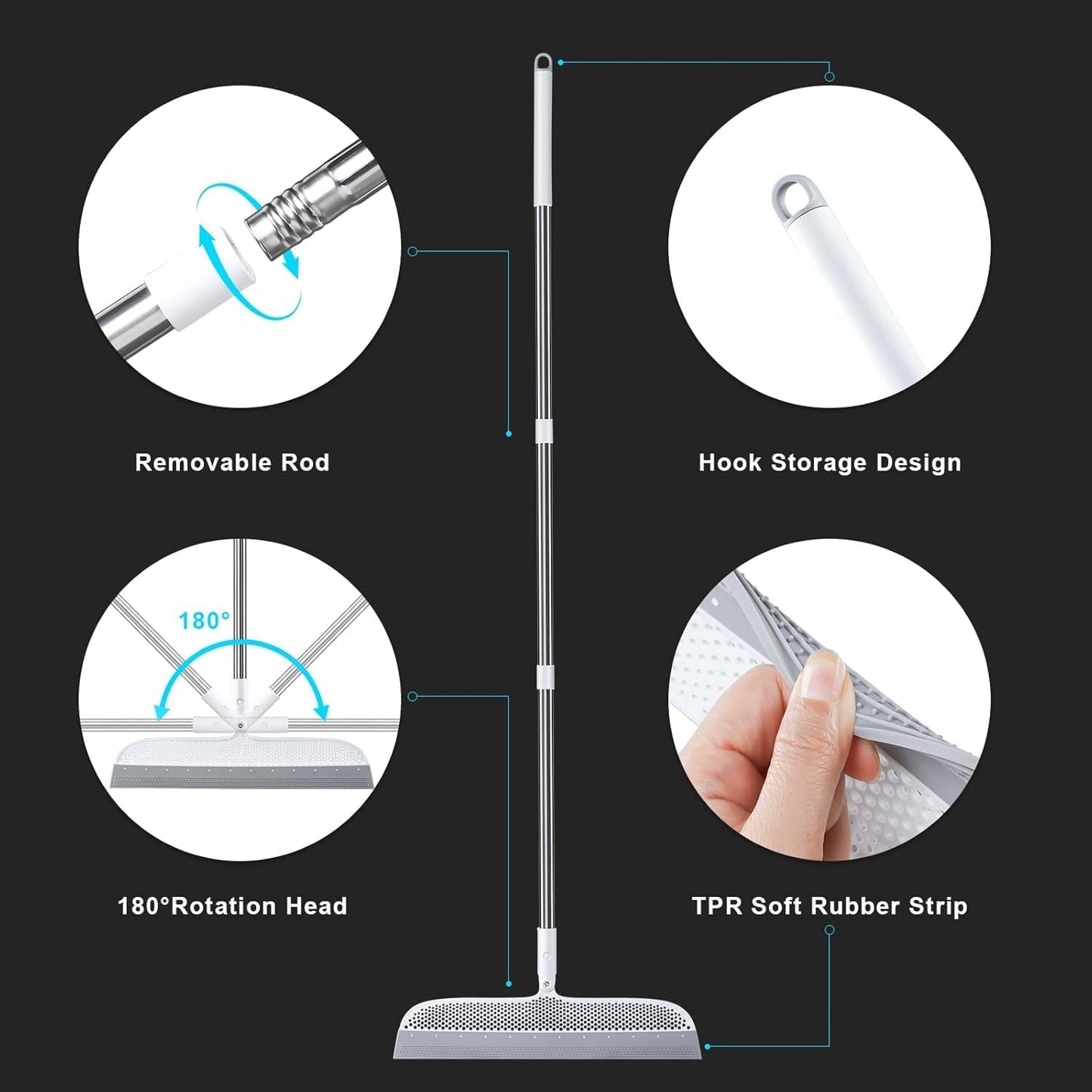 Rubber Squeegee Broom for Floors, 51.77" Long Handle Multi-Surface Magic Broom, Pet Hair Remover Scraper for Laminate Carpets, Windows, Mirrors, Rugs, Hardwood, Tile Cleaning