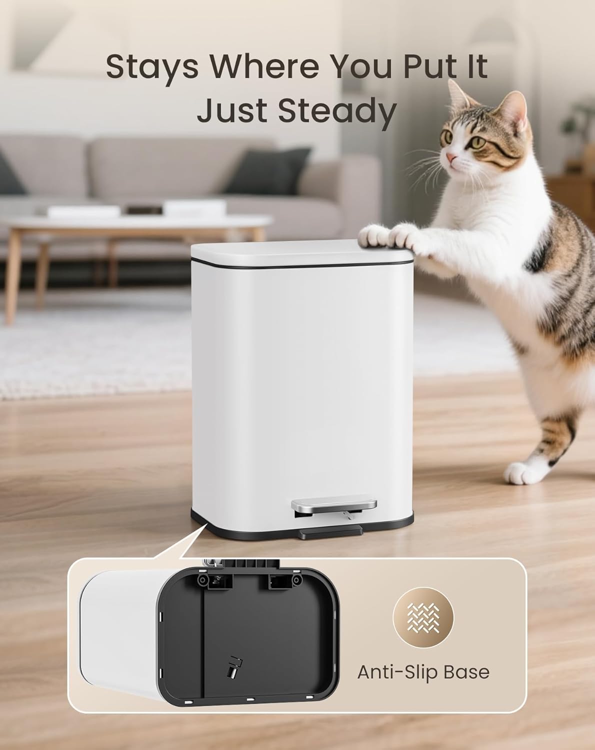 Cesun Small Bathroom Trash Can with Lid-1.3 Gal, Outdoor Stainless Steel Garbage Can for Dog Poop with Anti-Slip Base, for Bathroom, Bedroom, Office, RV, Living Room, White