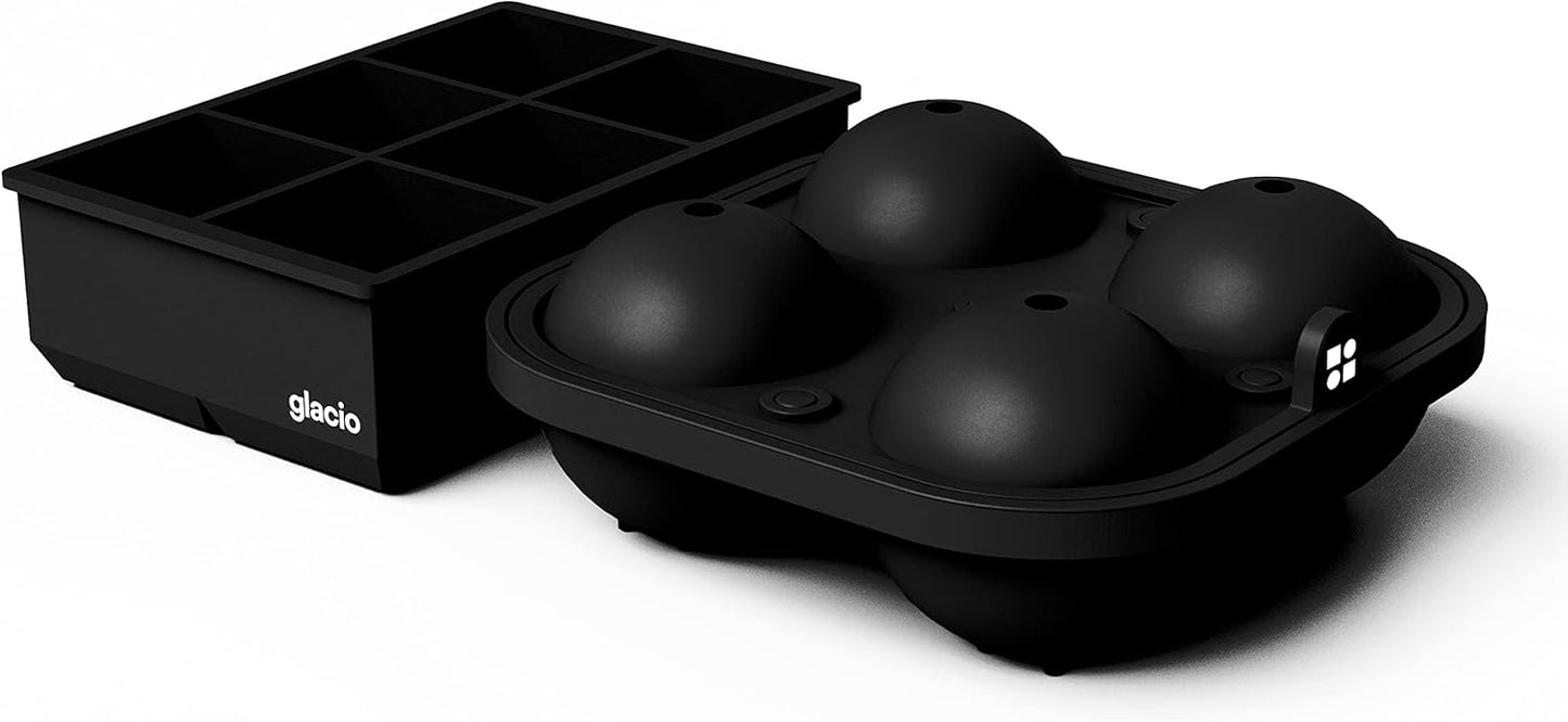 glacio Ball Ice Cube Tray and Big Ice Cube Molds for Whiskey, Slow-Melting, 100% Silicone, No-Plastic, Easy Release, Ideal for Gifting and Elevating Cocktails