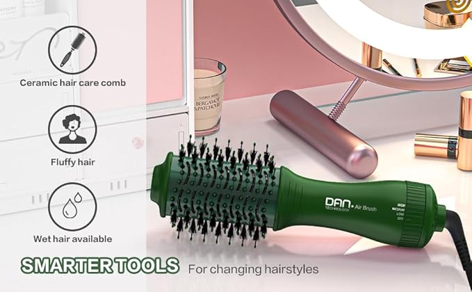 Dan Technology Blow Dryer Brush Hair Dryer Brush Hot Air Blowout Brush 120V 3 Speeds Oval Shape Volumizer Straightener Brush Faster Drying Mini Size Lightweight (Green)