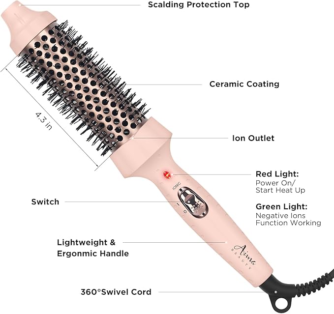 Aima Beauty Thermal Brush, 1.3"/35mm Volumizing Brush Makes Hair Silky Smooth, Ionic Hot Brush Create Smooth & Shiny Loose Curls, Fast Heating, Dual Voltage, 60Mins Auto Shut down, Pink