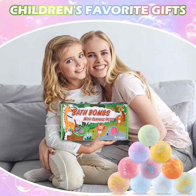 JOICEE Bath Bombs for Kids with Surprise Inside, 12 Pack Organic Natural Bath Bombs with Jungle Animal Toys Mini Model Trees Stones for Boys Girls Birthday Christmas Gift Set