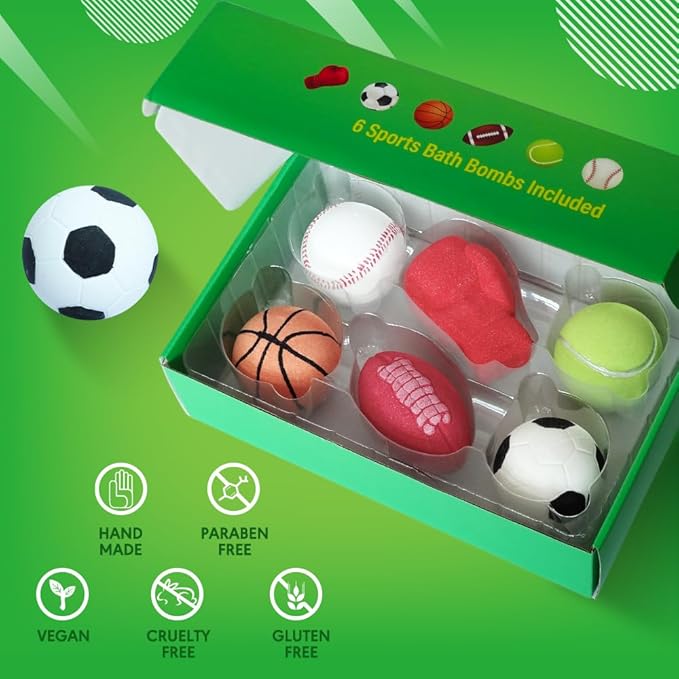 Sports Themed Bath Bombs Gift Set – 6 Piece Novelty Fizzy Balls with Basketball, Tennis, Baseball, Soccer, Football & Boxing – Fun Spa Kit for Kids, Teens, Men & Women – Self Care & Relaxation