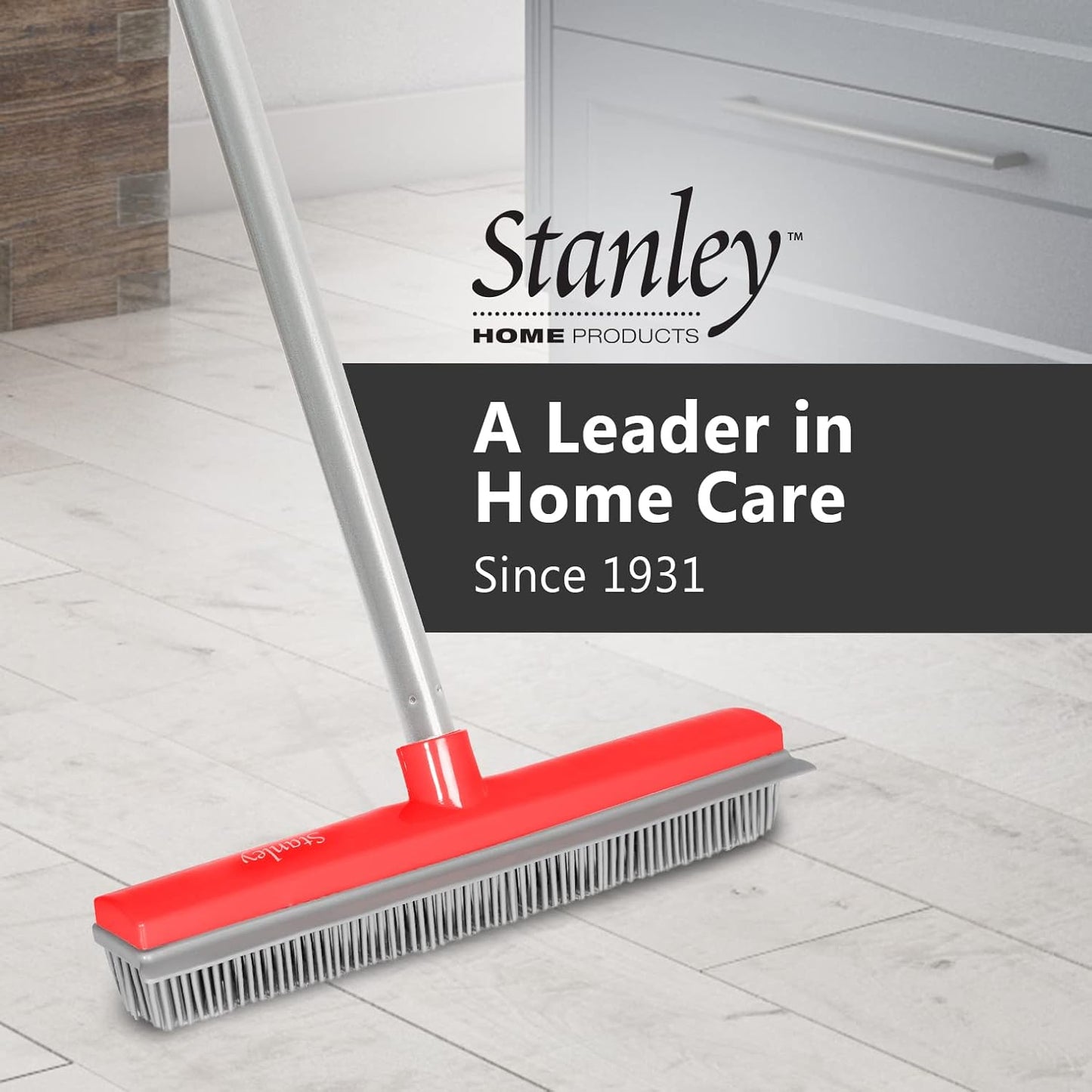 Stanley Home Products Rubber Broom with Adjustable Handle – for Carpets Floors Stairs Upholstery – Electrostatic Action Removes Pet Hair Lint Fuzz Dirt – Built-in Squeegee Tackles Wet Messes