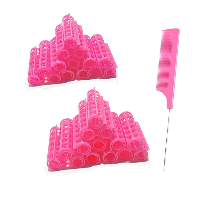 28PCS Self Grip Small Hair Rollers Set, 0.6in Plastic No Heat Roller Hair Curlers with Comb Heatless Clips for Short Fine Thin Hair(Pink)