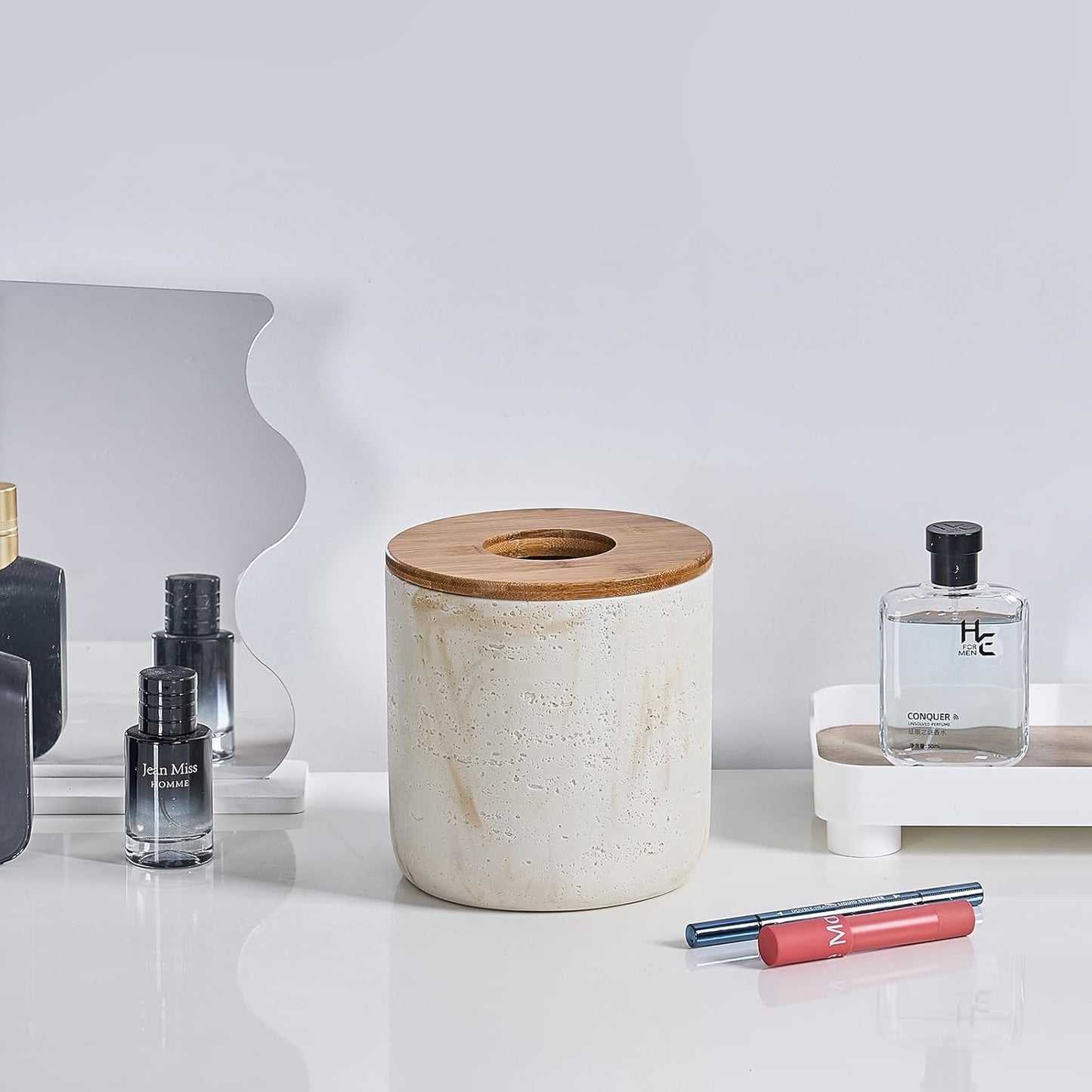 Natural Travertine Textures Beige Mini Trash Can with Bamboo Lid,Small Countertop Trash Can for Bathroom, Kitchen, Vanity, Desk Trash Can,Table Top Mini Garbage Can for Dining Room, Tiny Waste Basket