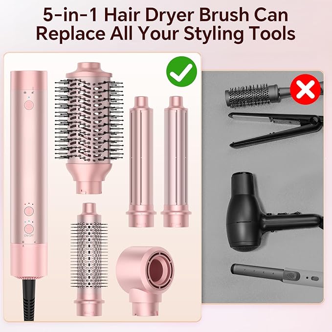 5 in 1 Hot Air Styler, Hair Dryer Brush with Auto Wrap Curling, 110,000 RPM High-Speed Blow Dryer and Air Curler, Frizz-Free Styling for All Hair Types-Straight, Wavy & Curly, No Heat Damage, 1200W