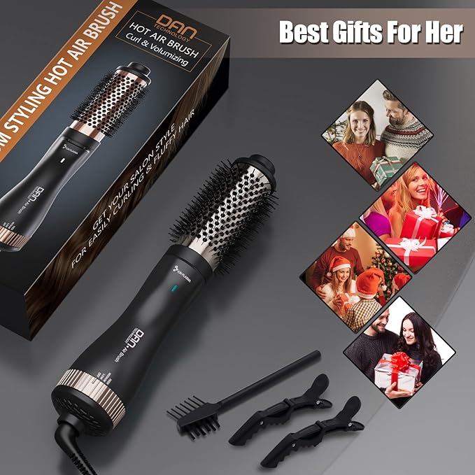 Dan Technology Blow Dryer Brush 1.5 Inch Round Blowout Brush 4-in-1 Hot Air Hair Dryer Brush & Styler, Comb, Straightener & Curler with Titanium & Ionic (Black-Rose Gold)