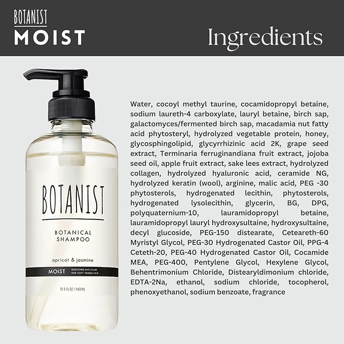 Botanist Hydrating Shampoo for Men, Curly Hair Shampoo for Women with Collagen, Jojoba Oil Extract & Keratin from Japan, Paraben & Sulfate Free SHAMPOO with Pump, Apricot& Jasmine 15.5Fl Oz MOIST 2EA