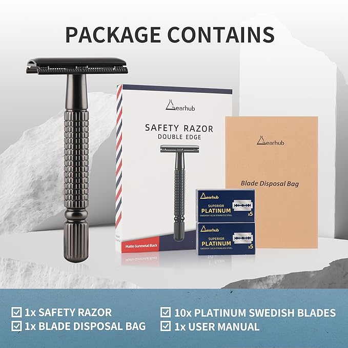 Gearhub Double Edge Safety Razor Reusable Stainless Metal Wet Shaving Razor with 10 Swedish Platinum Blades for Men Women Barber Bikini Armpit Hair, Matte Gunmetal Black GR131