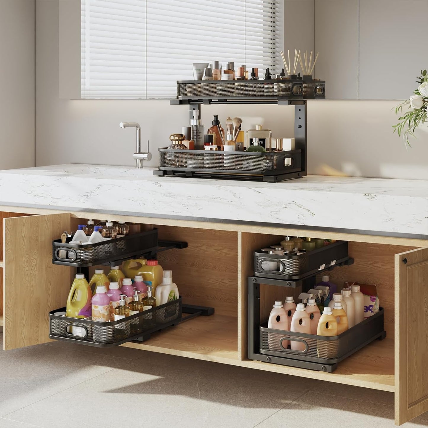 2 Pack 19.3IN-Depth Under Sink Organizer with Smooth Cylindrical Rail,2-Tier Pull Out Multi-Purpose Cabinet Storage for Bathroom&Kitchen,Height Adjustable,Rust-Resistant Coating-Black