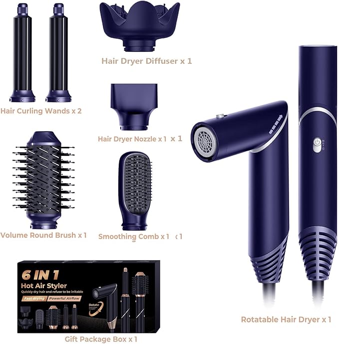 6 in 1 Hair Dryer Brush, Foldable Blow Dryer Brush with Wrap Curler, Detachable Air Hair Styler Curling, Drying,Volumizing, Straightening, Negative Ionic Hair Dryer with Diffuser, Hair Styling Tools