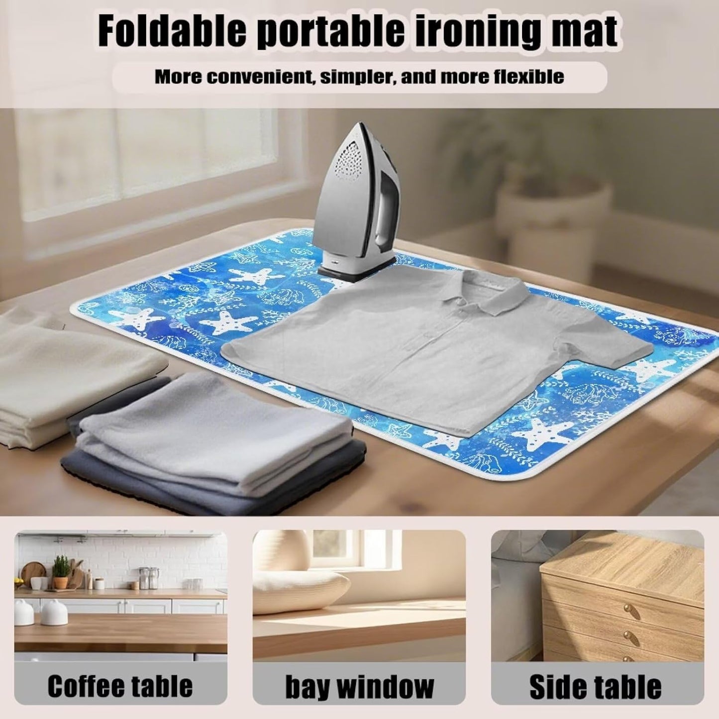 Ironing Mat Thickened Blue Stars Ironing Blanket Travel Portable Ironing Pad Travel Isolate Heat Pad Cover for Washer Dryer Table Top Countertop 32 x 16 Inch