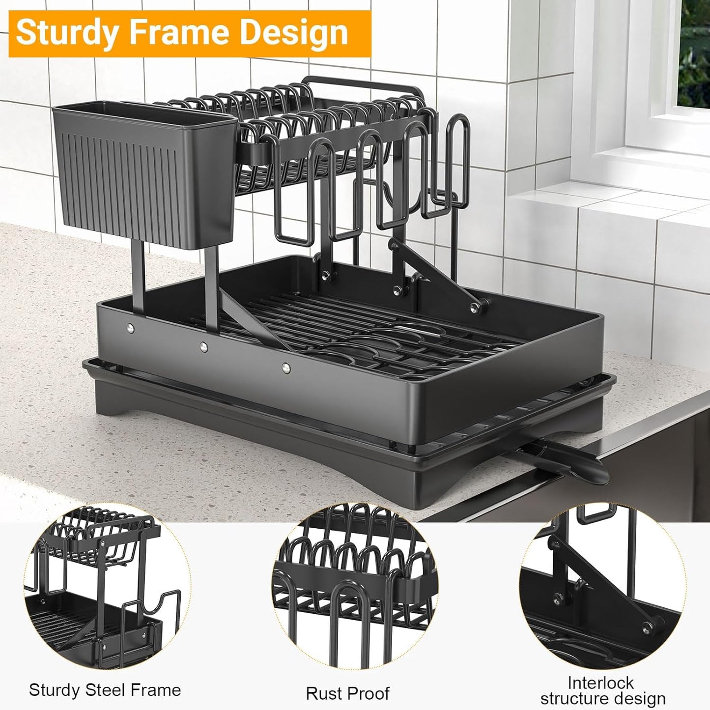 Extendable Dish Racks 16.3"-21.6" L x 16.7" W,Stainless Steel Dish Drying Rack for Kitchien Counter, Anti-Rust Dish Strainer with Cutlery Holder