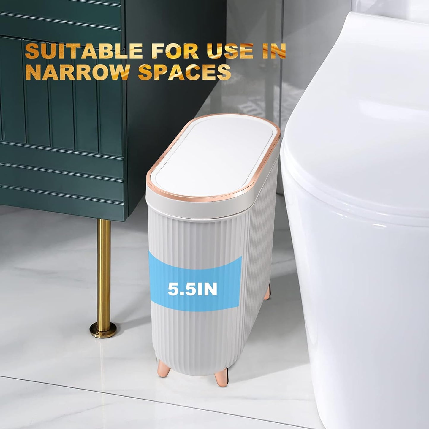 Bathroom Trash Can with Lid 3.2 Gallon Narrow Trash Can Small Plastic Trash Bin 12 Liter Rectangular Plastic Garbage Can with Press Type Lid for Bedroom Bathroom Milk White