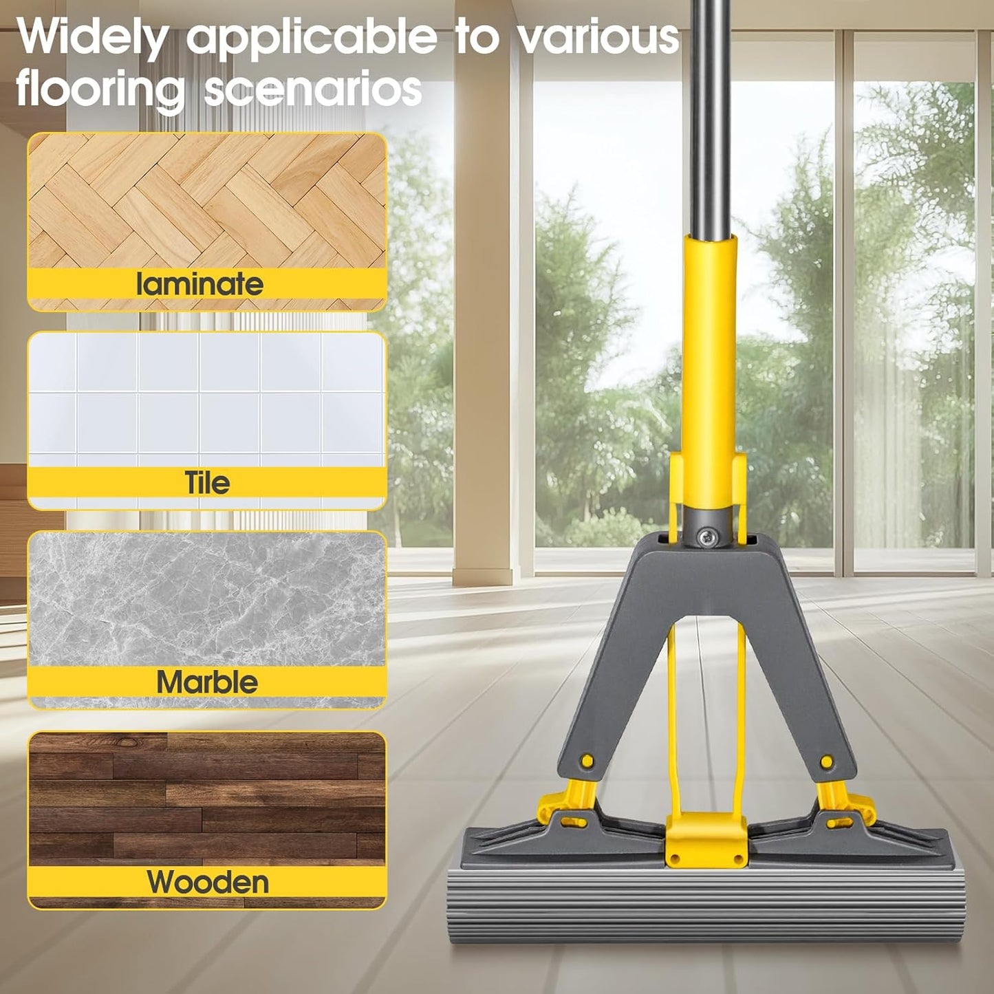 Sponge Mop,Masthome Roller Sponge Mop,Easy Self Squeeze Mop and Stainless Steel Handle,PVA Mops with 3 Absorbent Mop Refills for Home Use Tile Floor Bathroom Cleaning