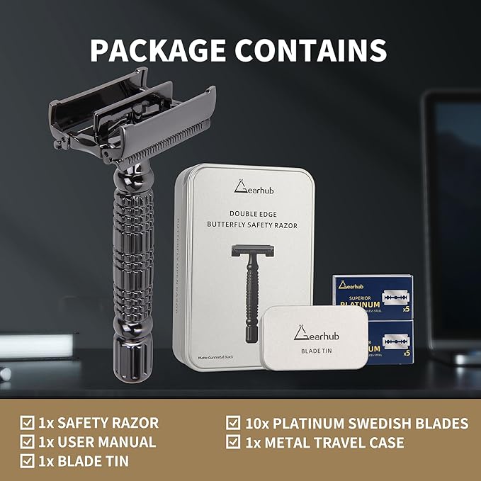 Gearhub Butterfly Double Edge Safety Razor Reusable Stainless Metal Wet Shaving Razor with 10 Swedish Platinum Blades for Men Women Barber Bikini Armpit Hair, Matte Gunmetal Black GR179