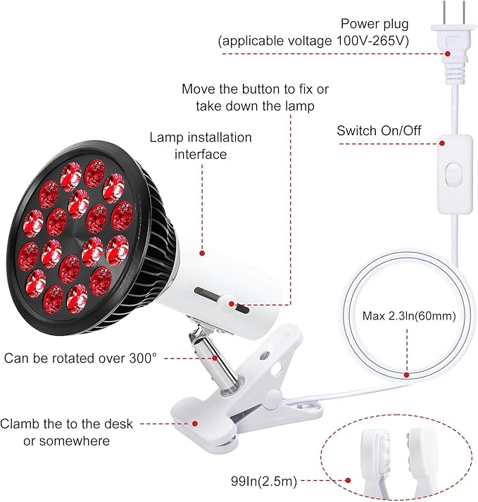 Red Light Therapy Bulb with Adjustable Socket Clamp, 18 LEDs Red Light Therapy with Lamp Holder for Body and Face with 660nm Red and 850nm Infrared Light Therapy Device for Skin Care Pain Relief